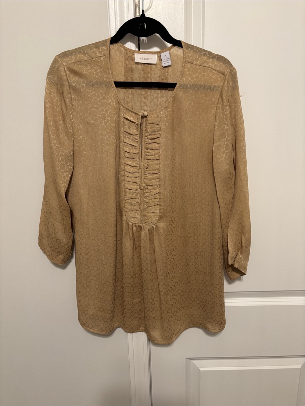Chicos Poka Dot Camel Tan Ruffle-Front Blouse